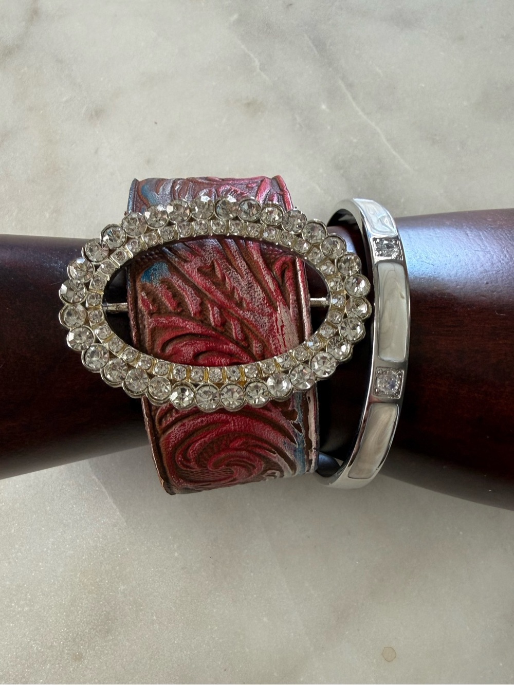Rhinestone Buckle Tooled Leather & Silver Tone Cuff Bracelets NEW